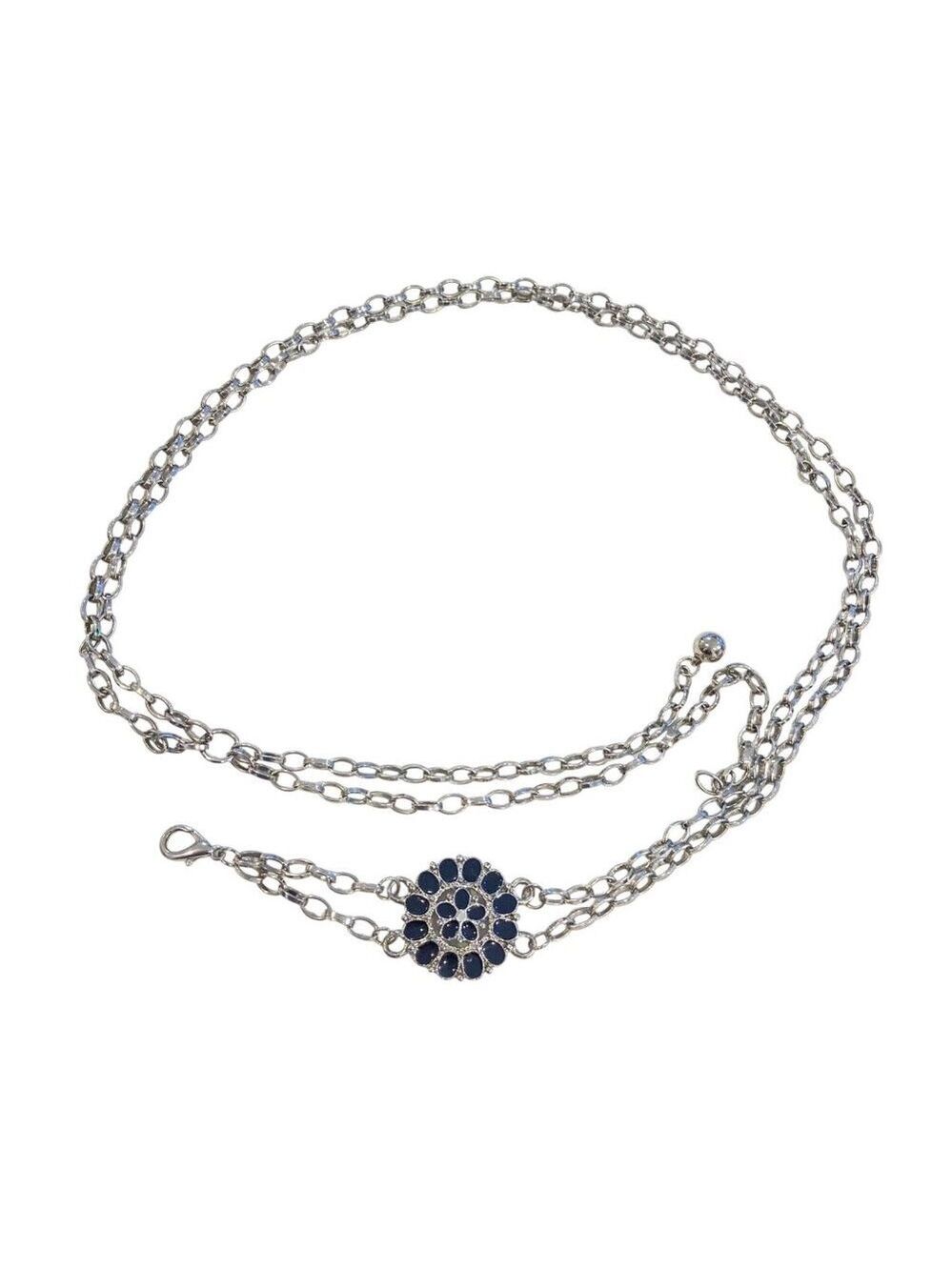 Y2K-Inspired Silver Chain Belt W/ Black Enamel Flower Detail Adjustable Fit Wome